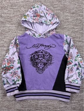Youth Ed Hardy Floral Tiger Embroidered Pullover Hoodie, Purple, Size 6